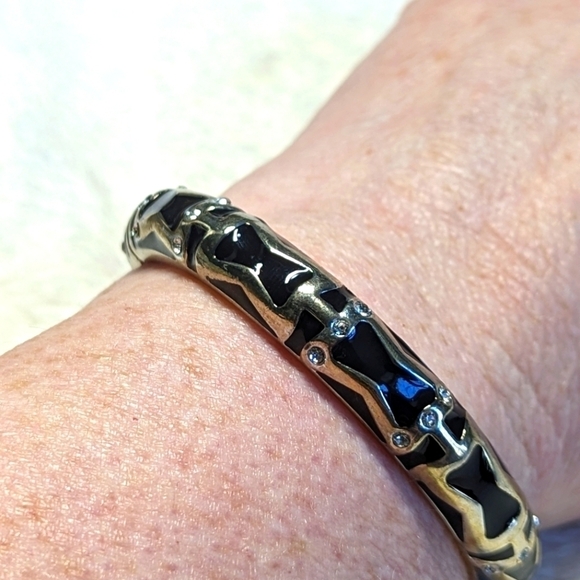 Vintage Sequin Brand Black and Gold Enameled Hinged Bracelet w/ Rhinestones - Picture 6 of 9